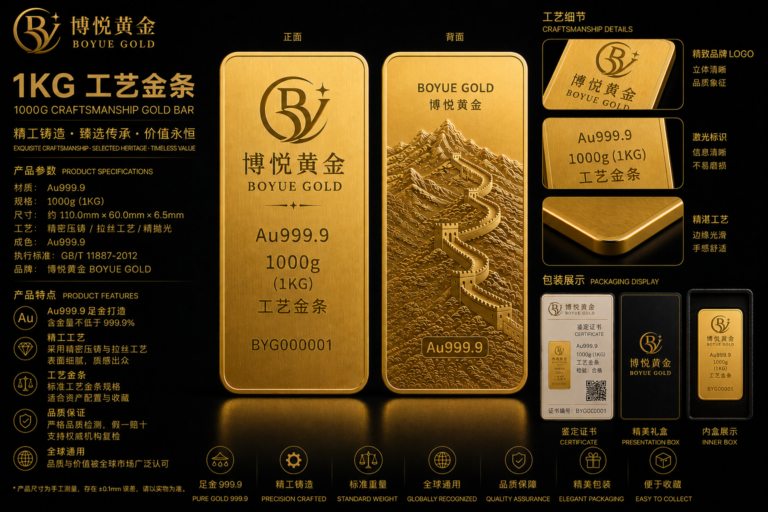 BOYUE GOLD · 1000g (1KG) Craftsmanship Gold Bar (Au999.9)
